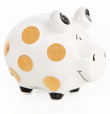 Sparschwein aus Keramik, gold-weiß mit Punkten, 12,5 cm