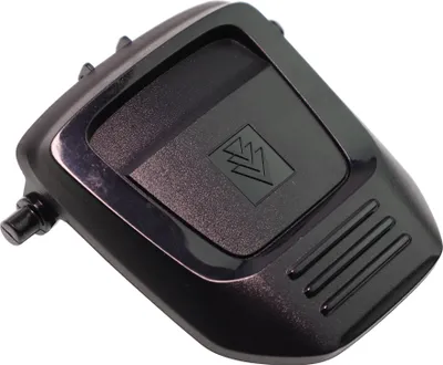A black plastic accessory with a logo in the center, isolated on a white background.