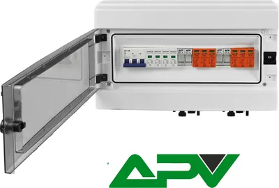 A white electrical junction box with its transparent door open, revealing internal components like circuit breakers and surge protectors. A logo is visible at the bottom.
