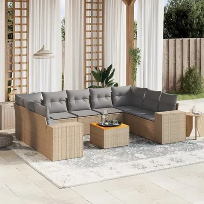 Produktbild von Design 10-tlg. Garten-Sofagarnitur mit Kissen Beige Poly Rattan, Gartenmöbel-Sets 2024 Neu