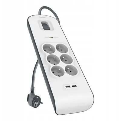 A white and gray power strip with multiple outlets and USB ports, shown from a diagonal angle with a white background.