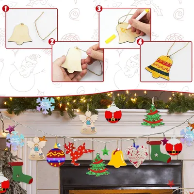Image de 80 pièces de pendentifs en bois à peindre - Bricolage Noël pour enfants - Décoration de Noël - Décoration du sapin de Noël