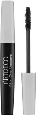 A product shot of a mascara tube and its applicator.