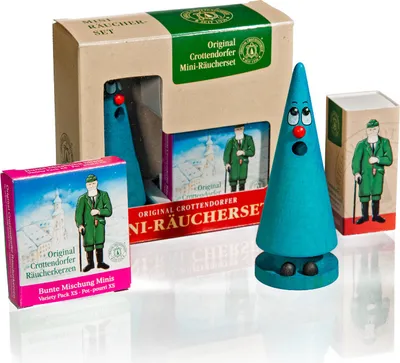 Produktbild von Crottendorfer - Set Räucherfigur Mini Ziegenbein Leo Lavendel (Türkis) & Räucherkerzen Bunte Mischung Größe XS (Klein)