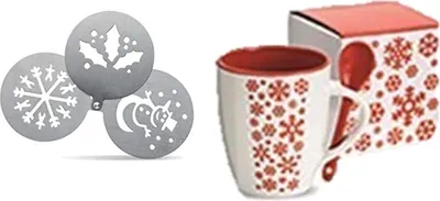 Produktbild von Tasse mit Henkel und rotem Löffel plus 3 Stück Cappuccino Schablonen Kaffee Schablonen Edelstahl Latte Art Schablonen Barista Vorlage Kaffee Dekorierschablonen