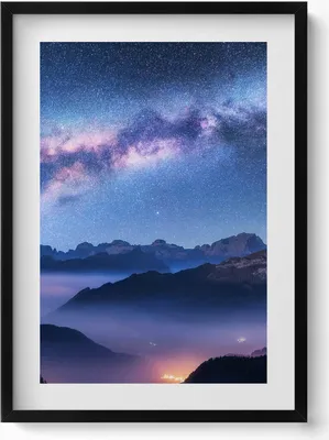 Produktbild von Sternenhimmel über den Bergen– Wandbild mit Rahmen – Gerahmtes Bild  – Wanddekoration – 50x70 cm –  Schwarz Rahmen