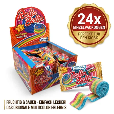 Immagine prodotto di Display completo con 24 rotoli di caramelle gommose "Rolla", multicolore, gusto fragola