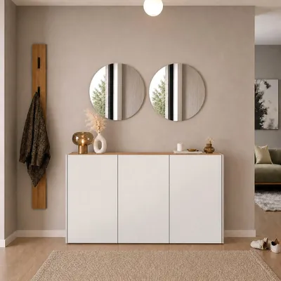 Produktbild von Garderobenset 4-teilig mit Schuhschrank, 2 Spiegeln & Garderobenpaneel in Beige mit Eiche - LAPUA-01
