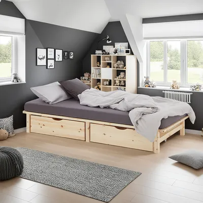 Produktbild von Homestyle4u Holzbett 90x200 mit Lattenrost mit Matratze mit  Standard 100 mit Bettkasten 2er Set Strauraum Schublade Natur Futonbett