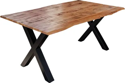 Produktbild von Esstisch Baumkante Massiv Mango naturfarben 160 x 85 schwarz X-Gestell DORA
