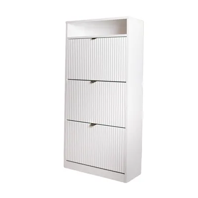 A white, three-door shoe cabinet with a ribbed front and black handles, shown against a white background.