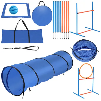 Obrázok produktu pre Clanmacy agility set set agility vybavenie pre psov agility tréningový set so slalomovými tyčami, nastaviteľným skokanským kruhom, skokanskou tyčou, pauzovacím poľom, psím tunelom