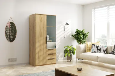 Produktbild von Florencja Kleiderschrank mit Drehtüren, 3 Schubladen und Spiegel - Weiß - 100 x 62 x 215 cm