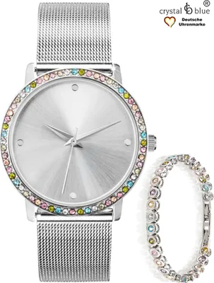 Produktbild von Geschenk Damen Armbanduhr silber Zirkonia + Tennisarmband pastell Set 22297