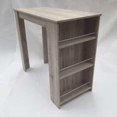 A bar table with shelves on a white background.