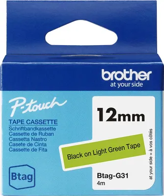 Produktbild von Brother BTAG-G31 - Schwarz auf hellgrün - Rolle (1,2 cm x 4 m) 1 Kassette(n) Hängebox - Etikettenband