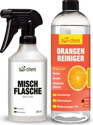 Produktbild von bio-chem Orangenreiniger Konzentrat 750 ml - Starker Allzweckreiniger mit angenehmem Orangen-Duft - Inkl. Mischflasche & Messbecher - Sehr ergiebiges Reinigungskonzentrat mit Orangenterpenen