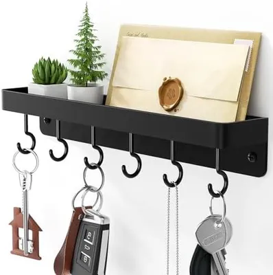 Produktbild von Schlš¹sselhalter Wandmontage, Selbstklebende Metallhaken mit Ablage, Bohrenfrei Schlš¹sselablage fš¹r Tš¹r und Wand, Schwarz