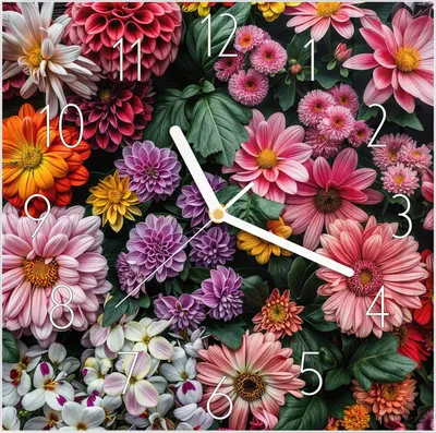 Produktbild von Wanduhr aus Glas mit Motiv Blumenkomposition- 30 x 30 cm - inkl. Aufhängesystem