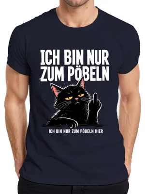 Productafbeelding van Ik ben hier alleen om te provoceren. Zwart katten T-shirt met middelvinger en sarcasme, marineblauw, maat L