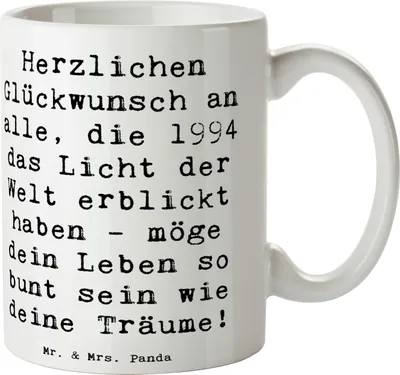 Produktbild von Mr. & Mrs. Panda Teetasse Spruch 1994 Geburtstag - Weiß - Geschenk, Geburtstagsgeschenk, Alter, besondere Jahr, herzlichen Glückwunsch, Bedruckte Tasse, Trinkbecher