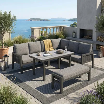 Produktbild von Merax Garten-Essgruppe 8 Personen, Eck-Lounge-Set mit Tisch, Bänke und Sofas, Gartenmöbel-Set aus Verzinktes Eisen, Glasplatte, PE-Geflecht, Grau