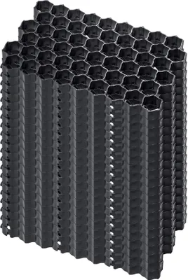 A stack of black hexagonal plastic grids.