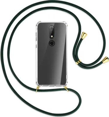 Produktbild von Handykette Backcover-Schutzhülle mit Band (Metall goldfarben) für Nokia 6.1 Plus / X6 - dunkelgrün