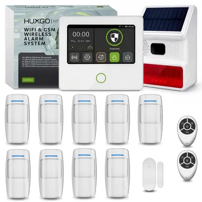 Image de Kit d'alarme HUXGO Wi-Fi GSM 4G avec sirène solaire, 9 détecteurs de mouvement et 1 capteur de porte