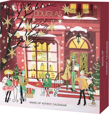 A festive illustration of a Douglas Make-Up Advent Calendar, depicting a snowy street scene with people shopping and a decorated storefront.
