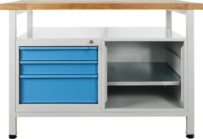 Produktbild von Werkbank Rhino mit Ablagefläche + 3 Schubladen + Regalteil | HxBxT 84x120x60cm | Traglast 300kg | Lichtgrau/Lichtblau