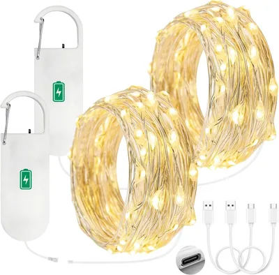 Productafbeelding van Snoerlichten op accu oplaadbaar - Set van 2 - 2x50LEDs Snoerlichten 5M met USB-Oplaadkabel