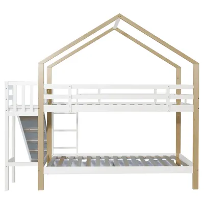 Produktbild von Flieks Etagenbett mit Rausfallschutz, Kinderbett mit Rutsche und Leiter, Hochbett mit Lattenrost, Hausbett Massivholzbett Stockbett 90x200cm, Weiß