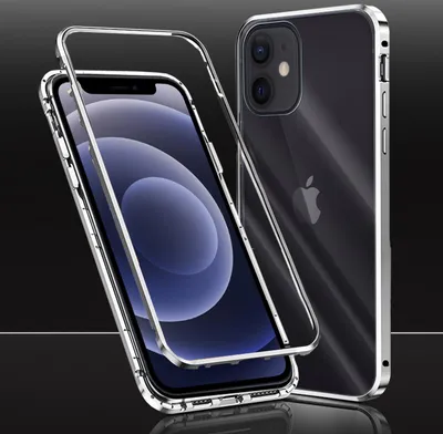 A product shot of an iPhone 12/12 Pro with a silver magnetic bumper case.