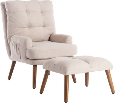 A beige armchair with a matching ottoman, shown against a white background.