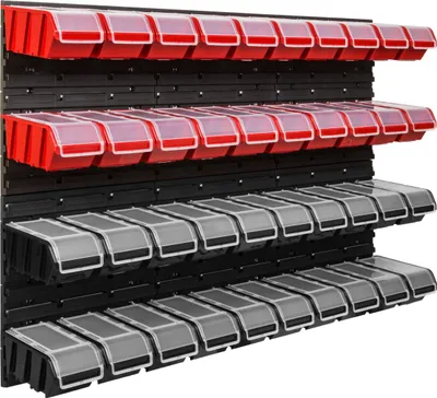 Produktbild von Lagersystem Werkstattregal | 117 x 78 cm | 40 stck. Box | Wandregal mit Stapelboxen - Wandplatten Extra Starke Schüttenregal Warkzeuglochwand Lagerregal Garage Regal