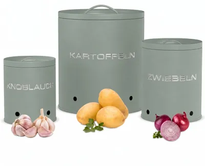 Produktbild von KOOK TIME Kartoffelbox 3er Set Metall, Zwiebel & Knoblauch, rund, Salbeigrün