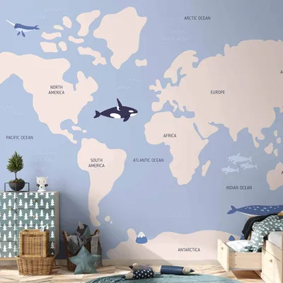 Produktbild von Vlies Fototapete - Pastel Planet - Animals and Underwater Plants on a Map 350x256 cm Für Kinder k-C-10037-a-a