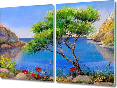 Produktbild von Coloray Hackbrett Herdabdeckplatte 2x40x52 cm Küchenbrett Kochplattenabdeckung Schneidebrett - Blumen Baum Natur Meer
