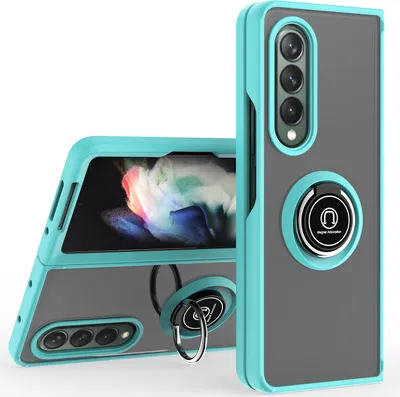 Produktbild von Samsung Z Fold4 Hülle, Ring Halter Ständer Matte Transluzent TPU Rahmen Stoßfest Schutzhülle für Samsung Galaxy Z Fold 4 5G Hellblau