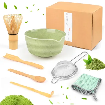 Matcha-Set, 7-teilig, Keramik, Bambus, grün, für Latte