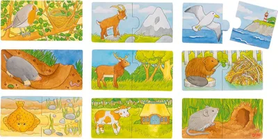 Produktbild von goki 57462 Minipuzzle Wer wohnt wo? 14 x 7 x 0,3 cm, Holz, 18-teilig, 9 Motive, bunt (1 Set)
