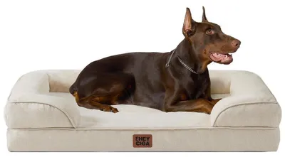 Produktbild von Orthopädisches Hundebett Groß Hunde 122x89cm Beige mit Nackenrollen & wasserdichtem Bezug