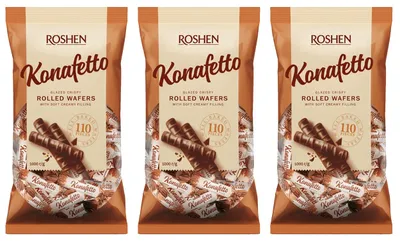 Zdjęcie produktu dla Zestaw 3x Cukierki Konafetto Bianco rurki waflowe w czekoladzie Roshen 1 kg