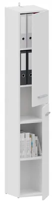 A tall, narrow white cabinet with doors and shelves, containing folders and books.