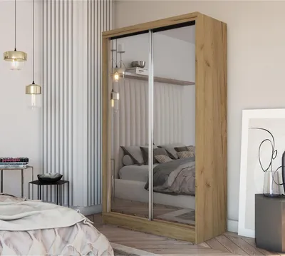 Image de BEAUTYSOFA armoire à portes coulissantes DEBRA II 120 cm - armoire à deux portes, armoire avec miroirs, tringle à vêtements et 2 tiroirs, couleur : Artisan