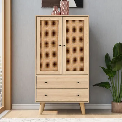 Productafbeelding van Eikenhouten dressoir, 60x40x120 cm, met twee deuren en twee lades, geschikt voor woonkamer en eetkamer