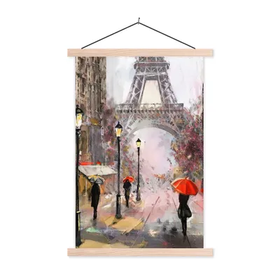 Produktbild von MuchoWow® Textilposter Gemälde - Paris - Eiffelturm - Regenschirm - Ölgemälde 40x60 cm mit holzfarbenen Rahmen - Poster