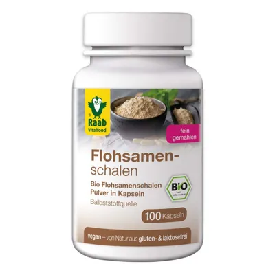 Produktbild von Raab Vitalfood Flohsamenschalen Kapseln | 100 Kapseln | hohe Quellfähigkeit | vegan