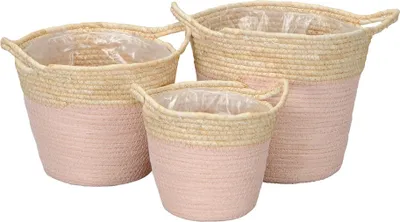 Produktbild von Korb Seegras rund mit Henkel 3er Set natur/rosa Pflanzgefäß Aufbewahrungskorb